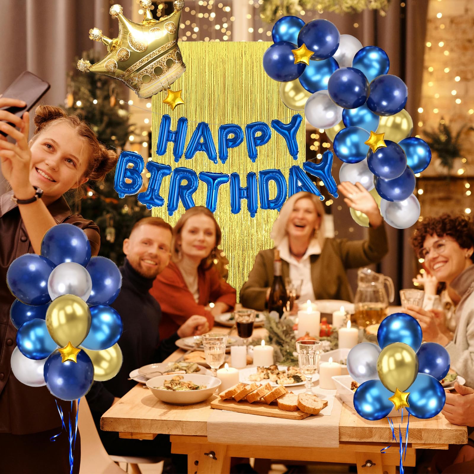 Niebieskie i złote dekoracje urodzinowe dla mężczyzn, chłopców, dziewcząt, Hyballustw 58 szt. balonów z banerem "Happy Birthday", metaliczna zasłona z frędzlami, złota korona na urodziny 18, 21, 30,