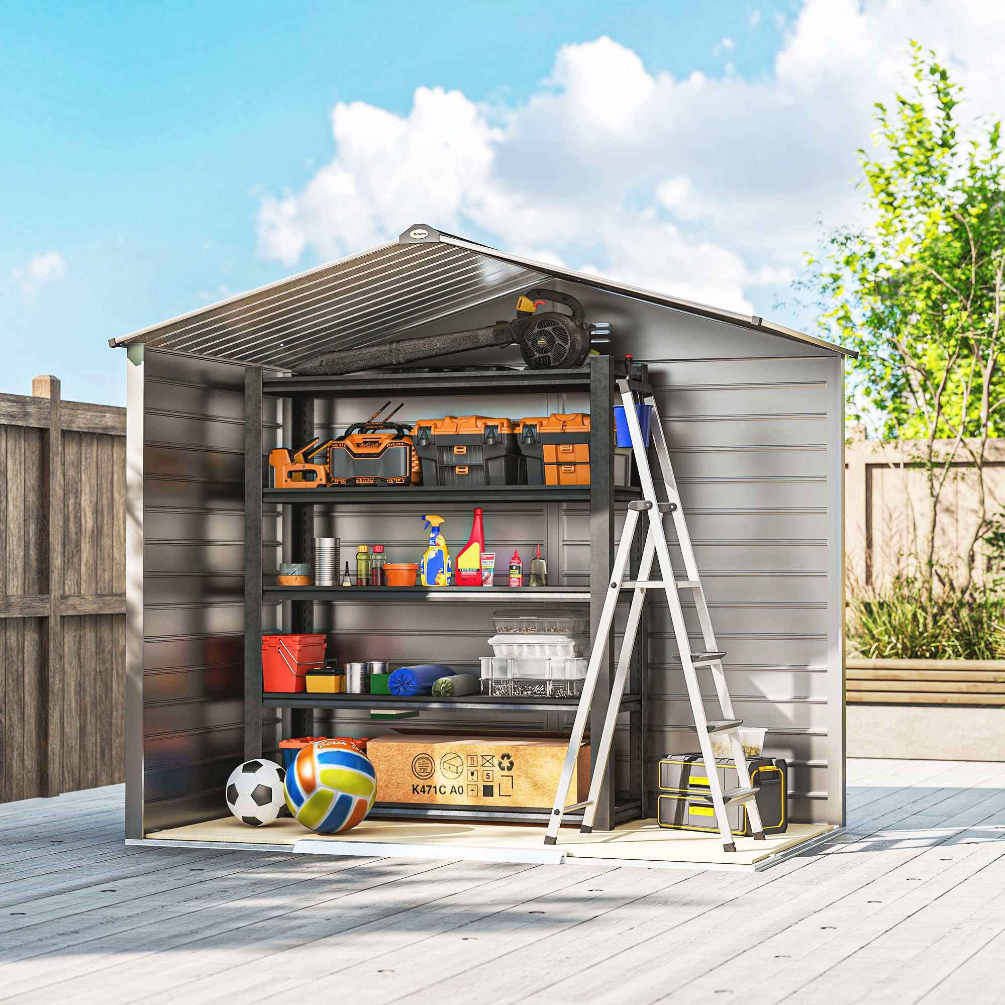 Outsunny Verzinkter Stahl Gerätehaus 2,43㎡ 213x131x192cm Geräteschuppen mit Satteldach, Schiebetür, wetterfest Gartenhaus Grau