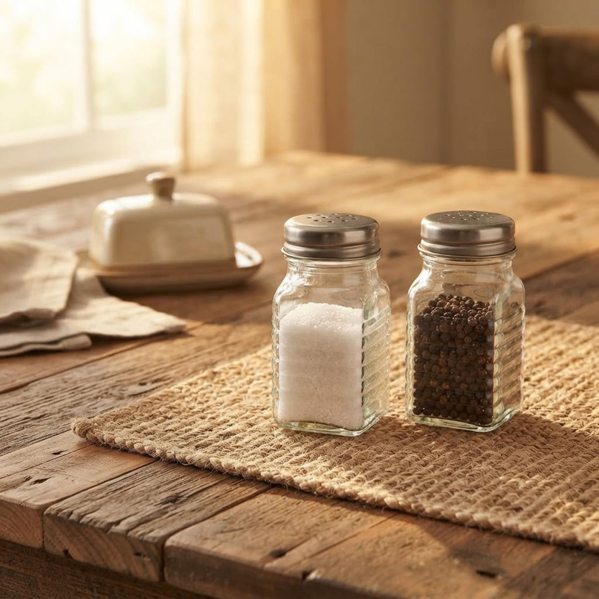 Retro Glass Salt & Pepper Set 2 Pack | Classic Seasoning Shakers with Stainless Steel Lids for Kitchen Dining Table & Restaurant Use