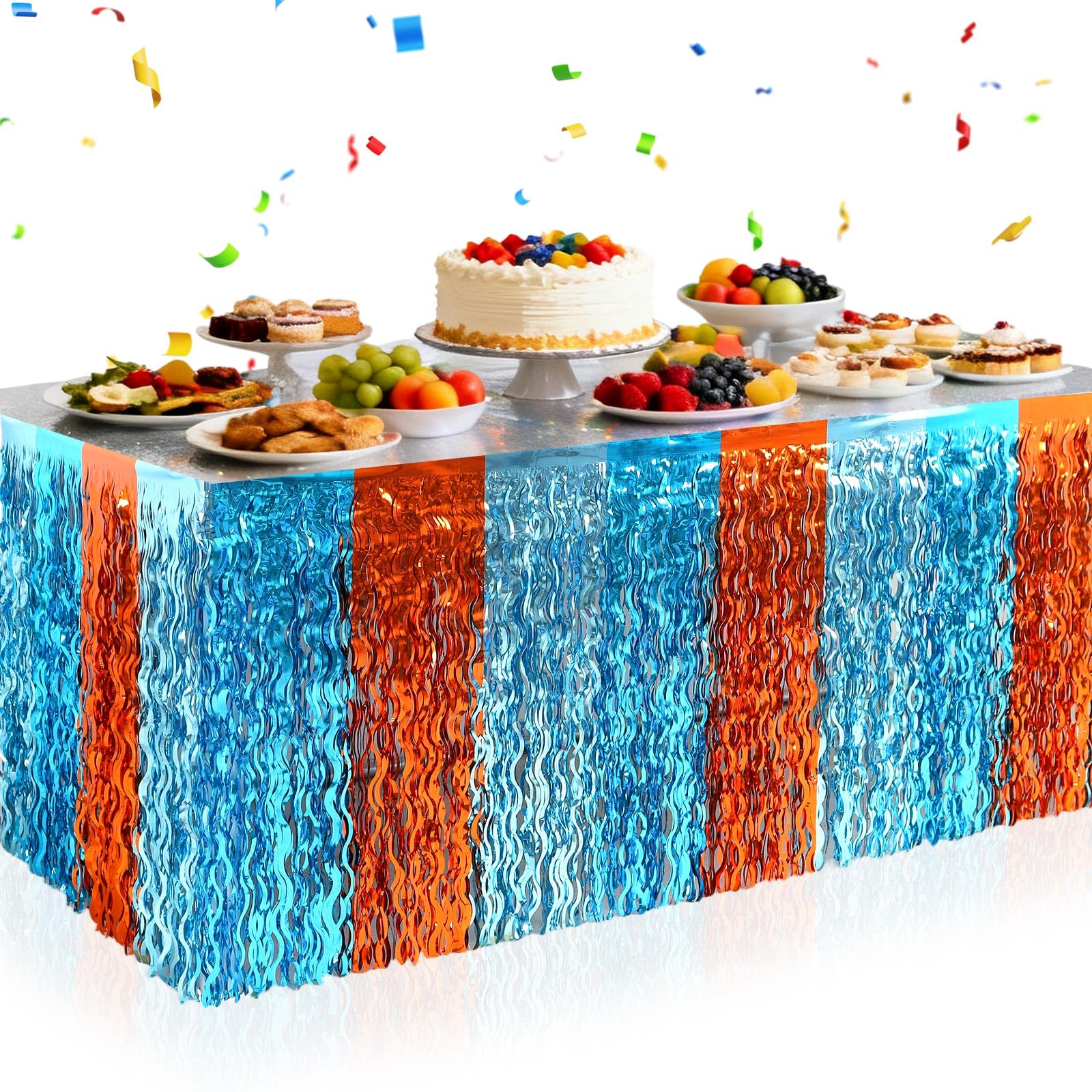 2 Pack Foil Table Skirts Fringe Table Banner Decorations, Rectangle Round Tables Curtains Streamer Backdrop for Birthday Baby Shower Wedding