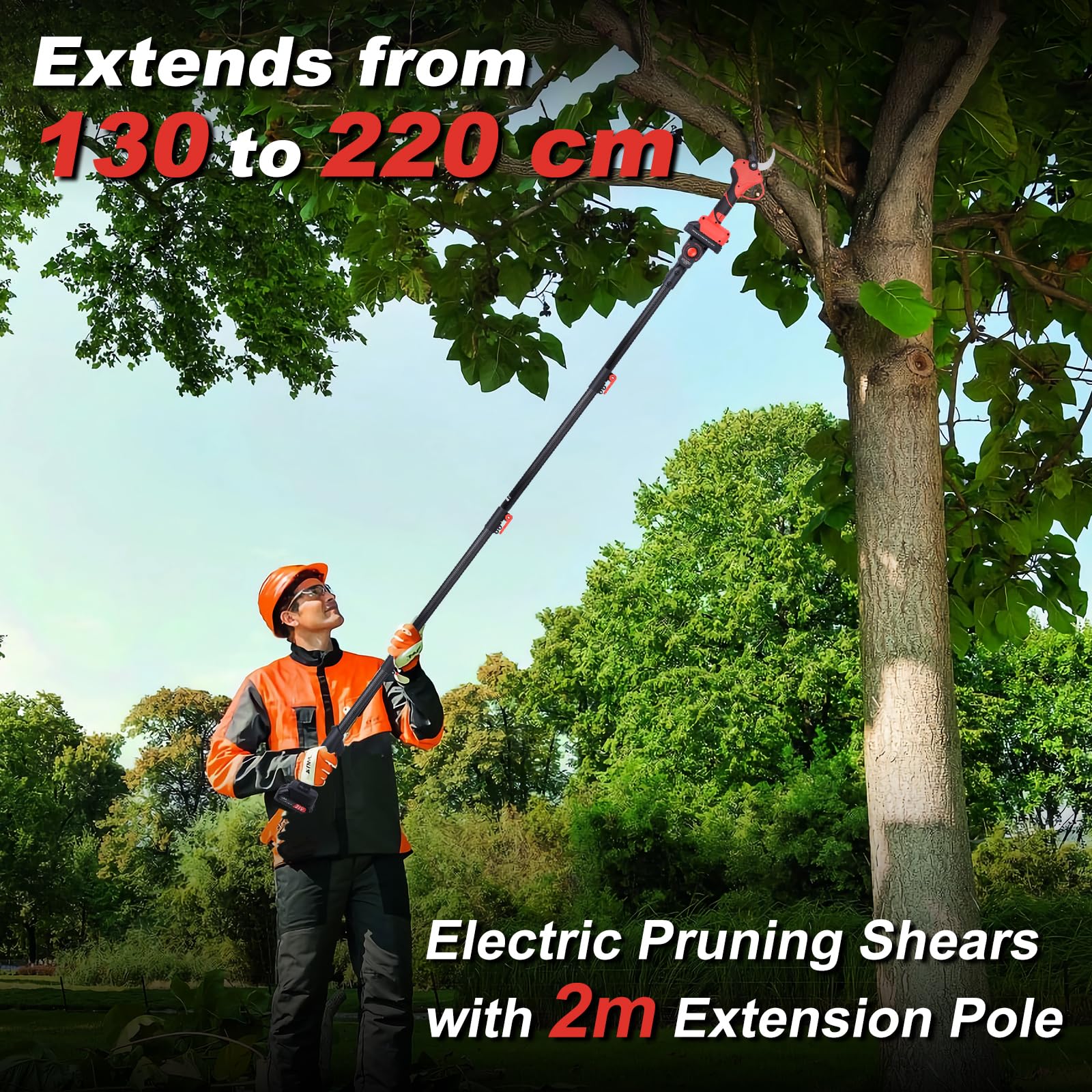 Tijeras de Podar Eléctricas 50mm con Batería: Tijeras de Podar Telescópicas con 2M Pértiga de Extensión, Podadora Telescópica con 2x2000mAh Batería con Pantalla LCD para Jardineria, Huerto, Olivos