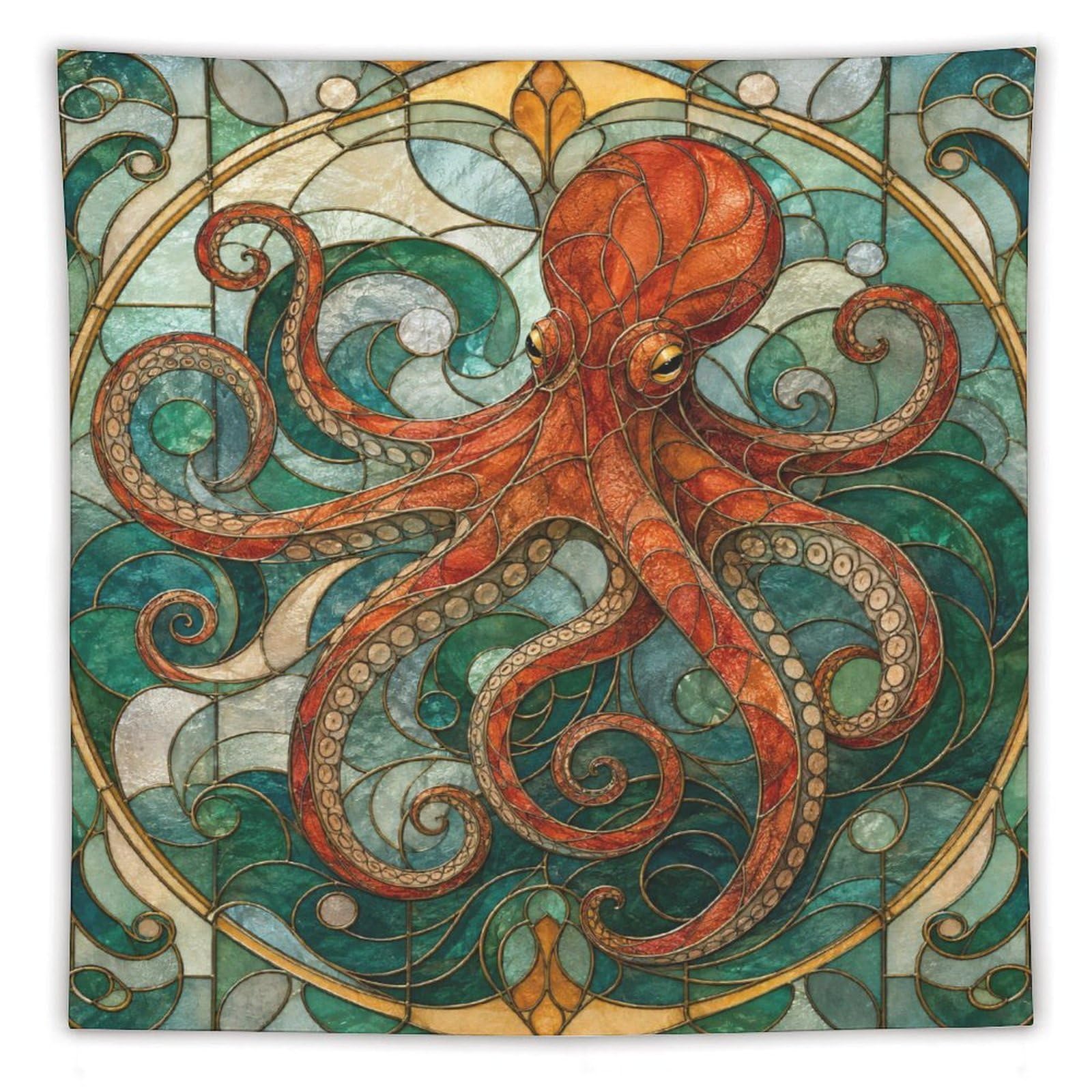 H3B8U2Y5 Octopus Stained Glass Wall Tapestry, Art Nouveau, Room Divider