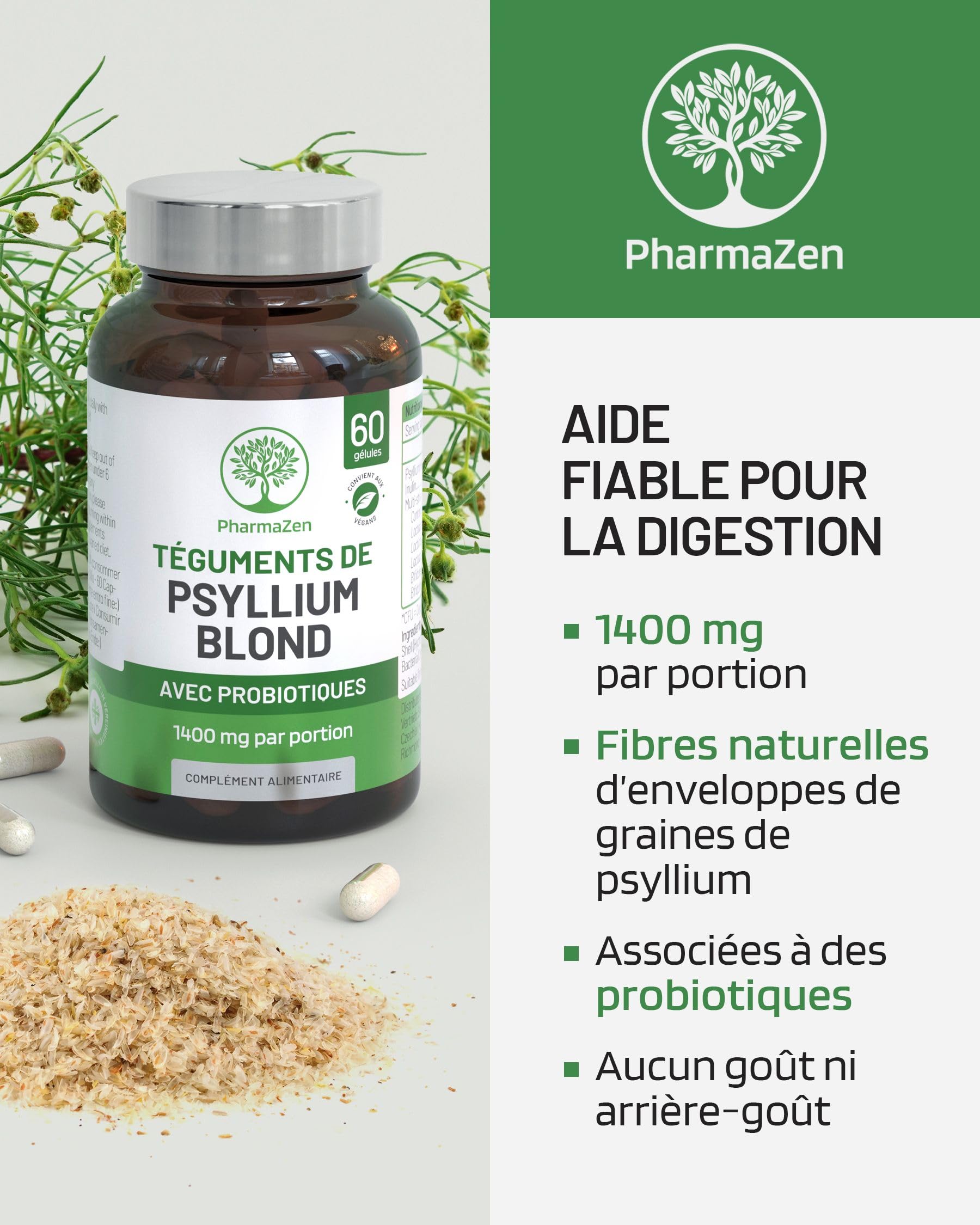 Psyllium Blond avec Probiotiques 1400 mg - Téguments purs à 99% - 60 gélules - Transit, Digestion, Fonction Intestinale - Fibres alimentaires avec Psyllium Husk & Complexe Probiotique 6 Milliards