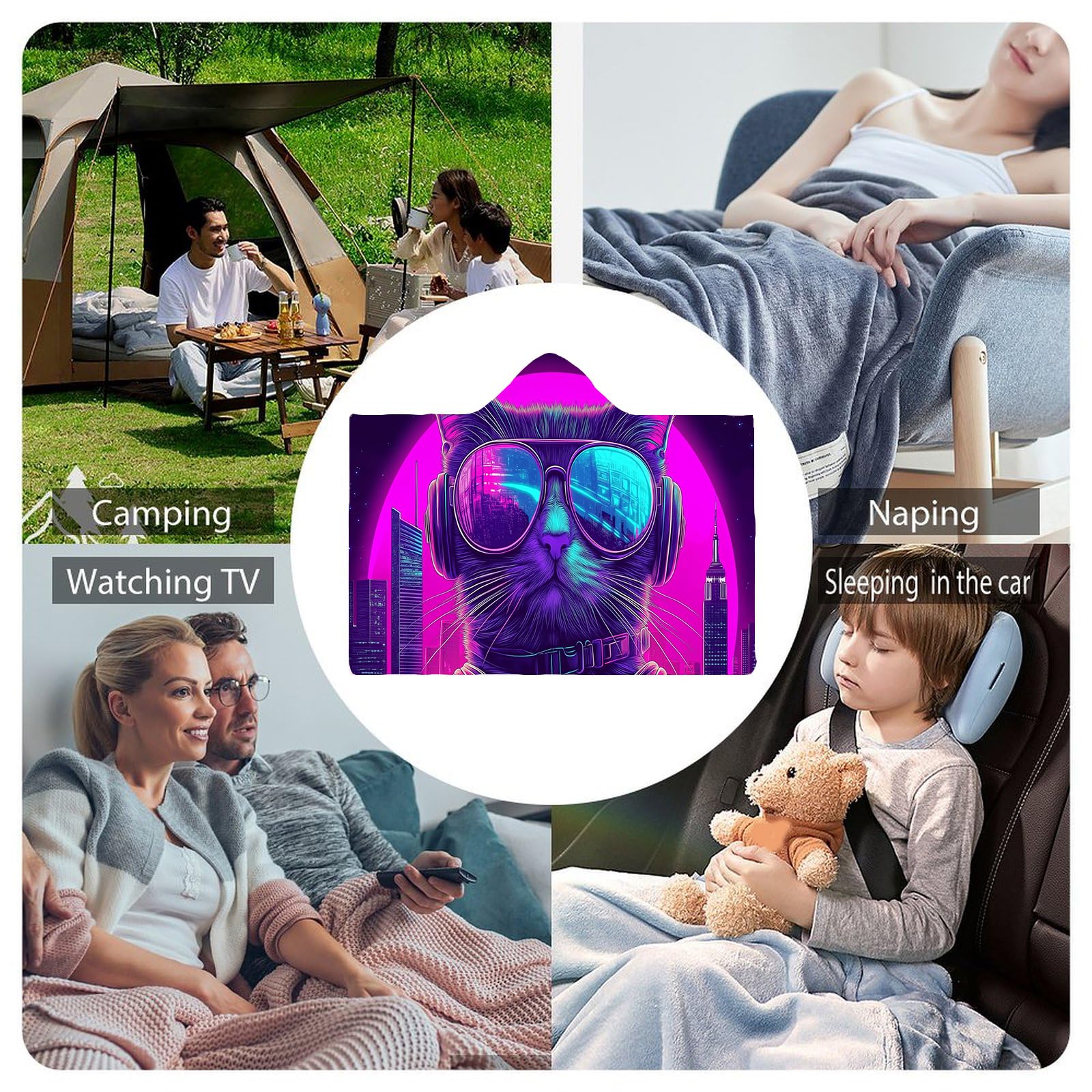 Animali Dei Cartoni Animati Coperta con Cappuccio di Flanella, Morbido Durevole e Caldo Gatto Al Neon Peluche Matrimoniale Coperte Copriletti per Letto Divano 130 × 150 cm