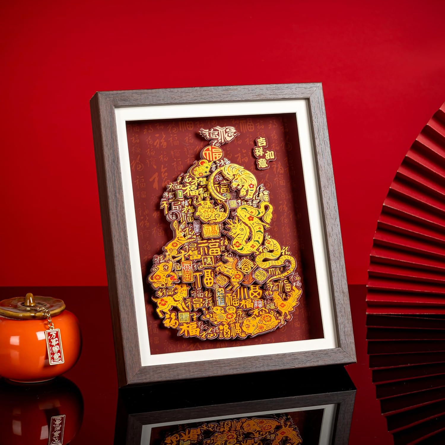 NINE FORTUNE 3D Chinese Zodiac Wall Art - with 12 Zodiac Signs & Fu Symbols, Wooden Frame 22x27cm, Prosperity Decor for Home, Office, Gift