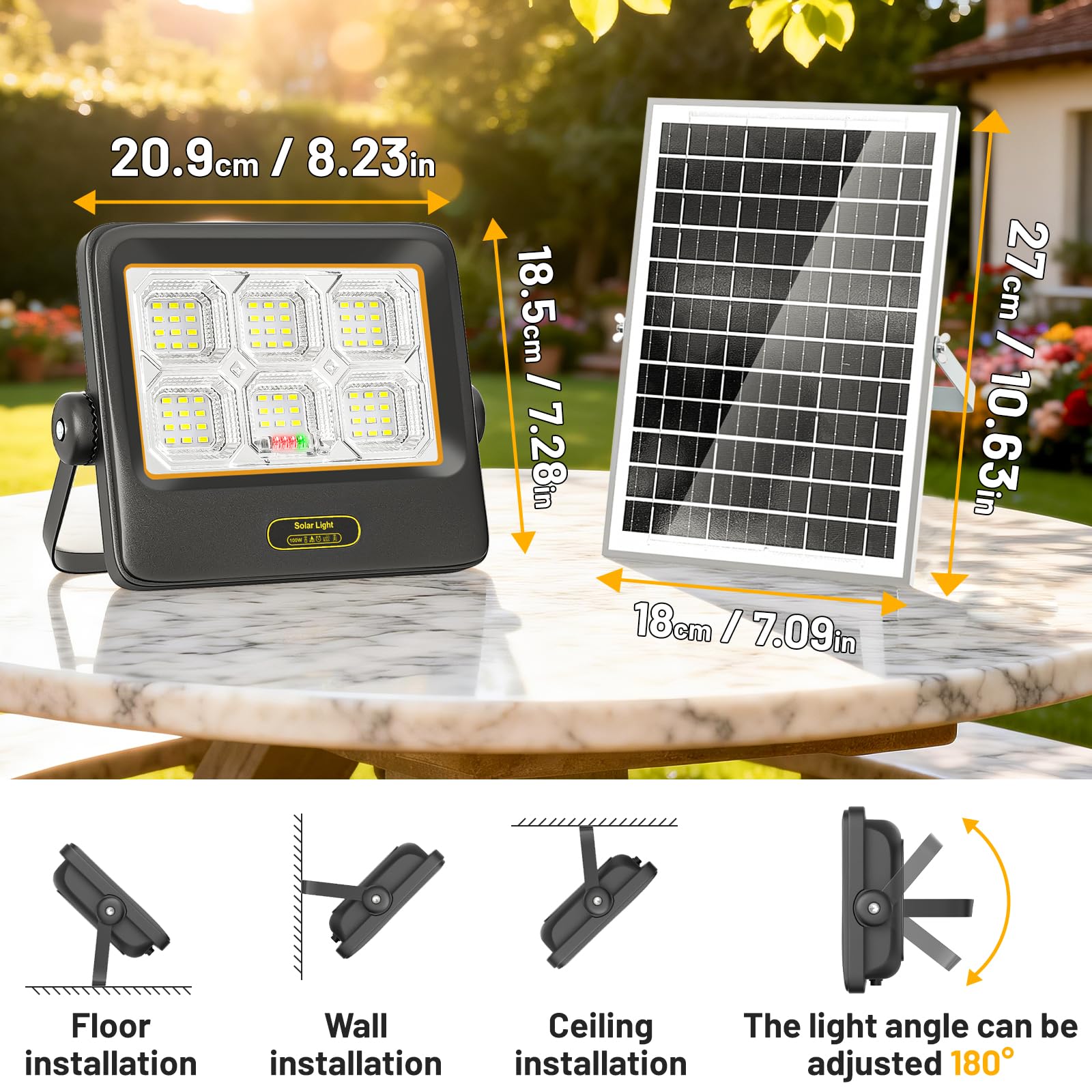 Eleganted Faro Led Esterno con Pannello Solare, 3400LM Fari Solari a Led da Esterno IP67 Impermeabile Lampione Solare, SMD Ultra Faretto led per Giardino