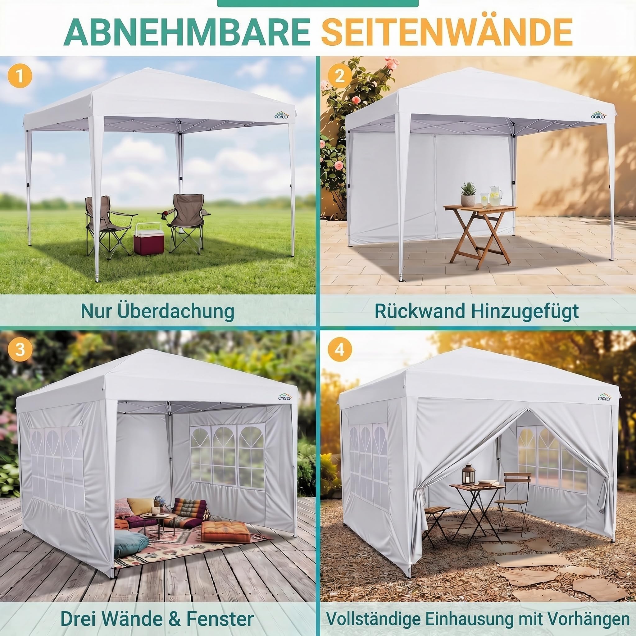 COBIZI Pavillon 3x3 Faltpavillon Wasserdicht Stabil Winterfest Faltbar Partyzelt mit 4 Seitenteilen Pop up Gartenpavillon UV Schutz 50+ Höhenverstellbar für Strand Hochzeit Camping, Weiß