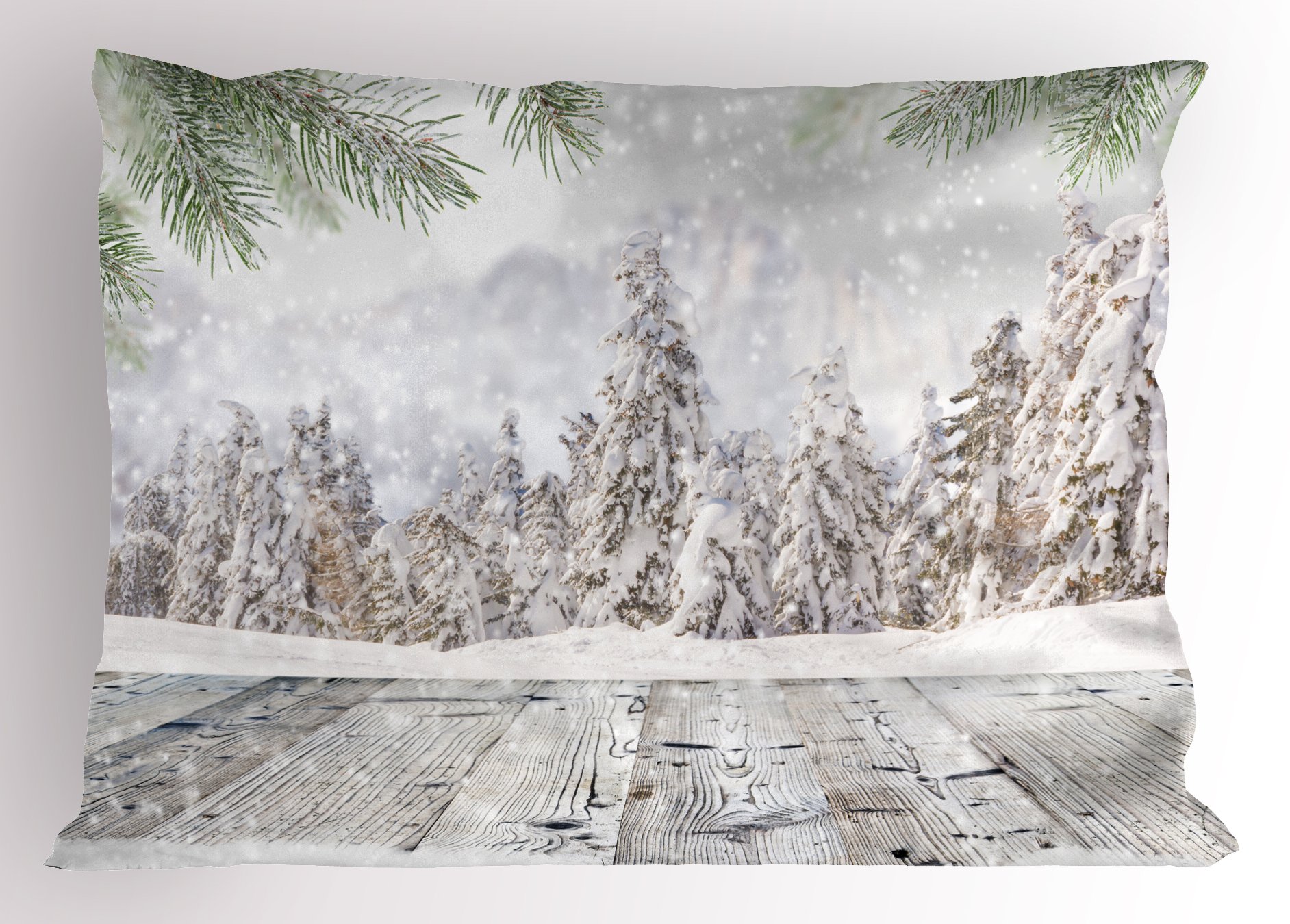 Ambesonne Winter Pillow Sham, Abstract Christmas Theme with Snow Covered Forest and Wooden Surface Image, Decorative Standard Size Printed Pillowcase, 26