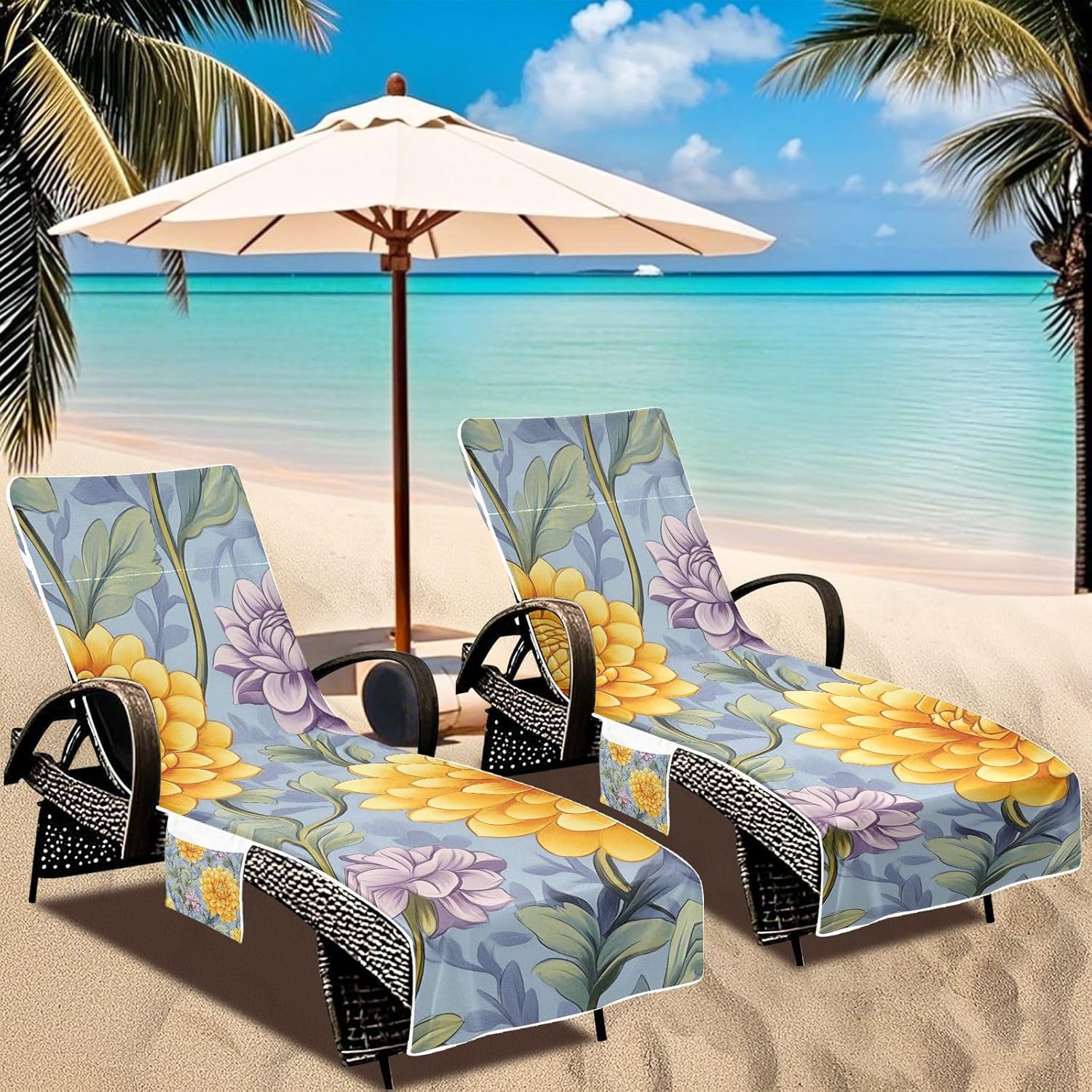 Vintage Dahlia Flower Yellow Purple Patio Chaise Lounge Chair Cover Soft Sturdy Polyester Outddor Beach Chair Cover with Pockets for Pool Beach Sunbathing, 85" X 30"