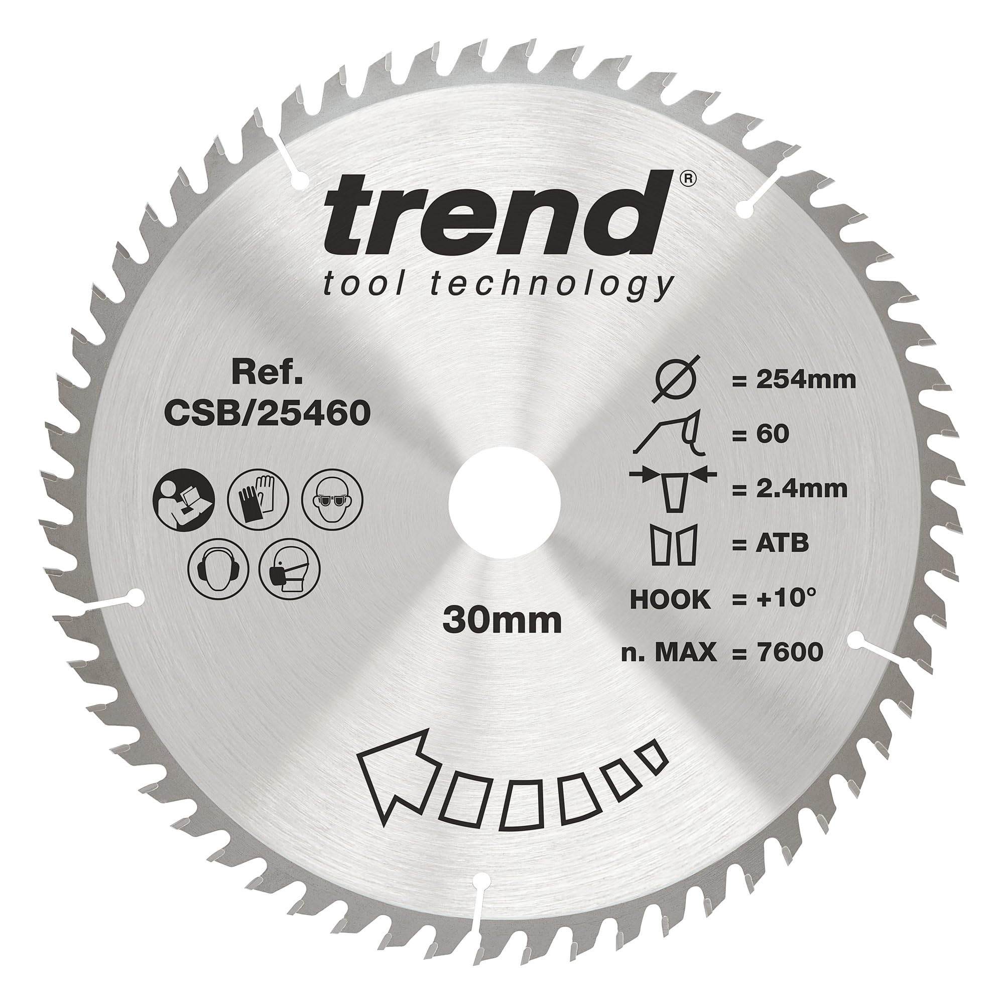 Trend Wood Circular Saw Blade, 254mm Diameter, 30mm Bore, 60 Teeth, 2.4mm Kerf, +10° Hook, TCT, Fine Finish, CSB/25460