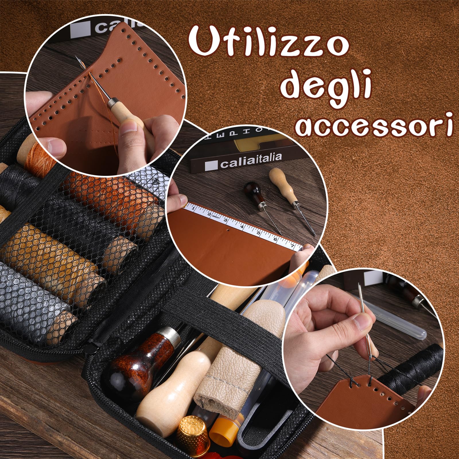 Kit Riparazione Cucito Pelle - Set Professionale Con Punteruolo, Aghi E Fili Cerati | Per Fai Da Te E Artigianato - Foto 4