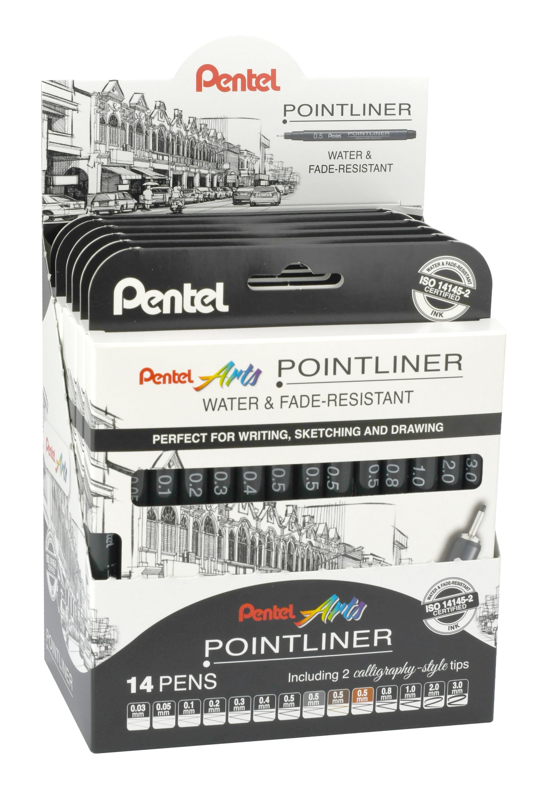 Pentel Pointliner YS20P-14, 14er Set Fineliner, wasserfest und lichtecht, 0,03-3,0 mm, VE=6 Sets