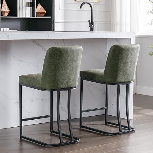 Miniatura 3 de Juego de 2 taburetes de bar de 24 pulgadas de altura de mostrador con respaldo, moderno taburete de bar de piel sintética para isla de cocina,