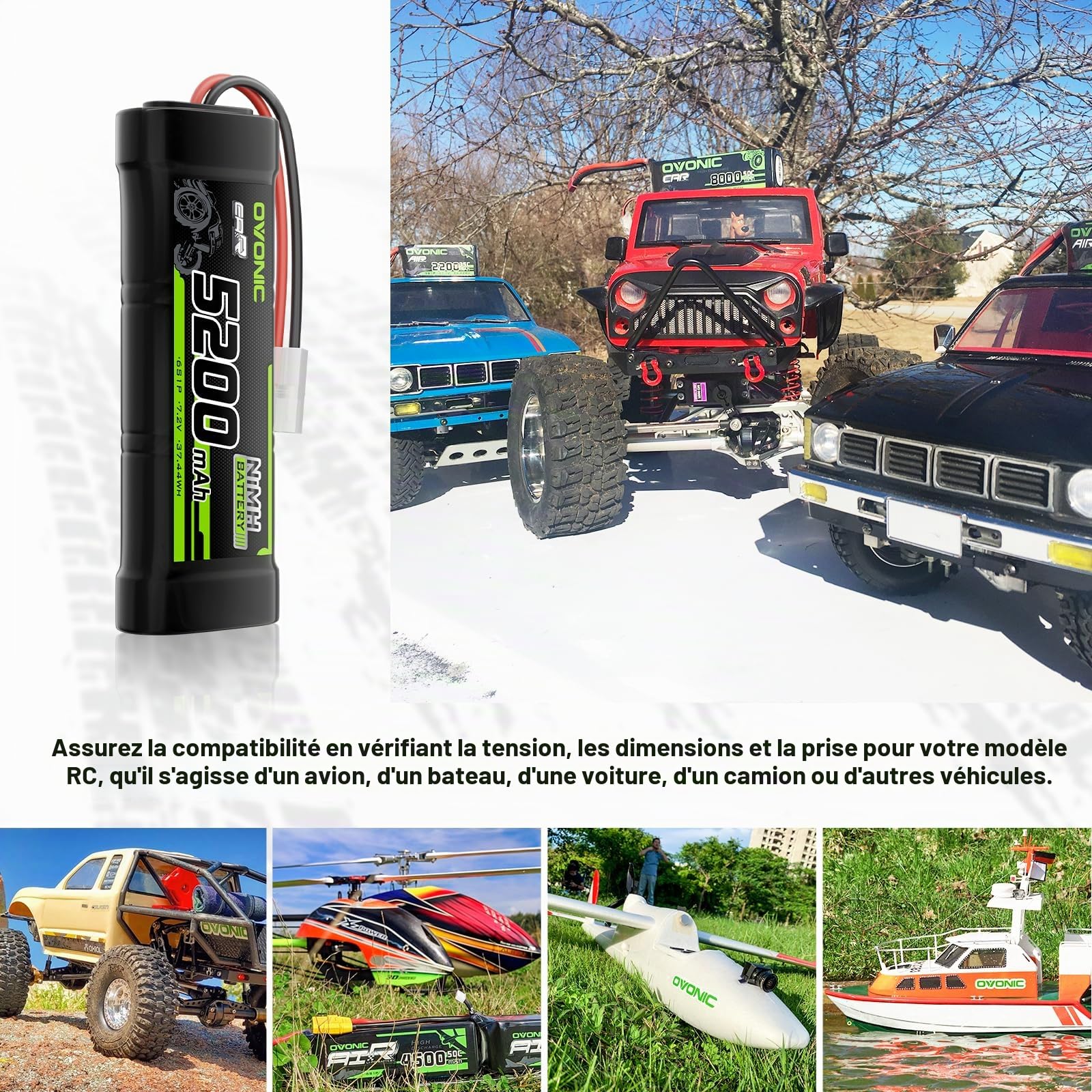 OVONIC Lot de 2 batteries NiMH RC 7,2 V 5200 mAh avec connecteur TMY pour voiture RC Truck Truggy