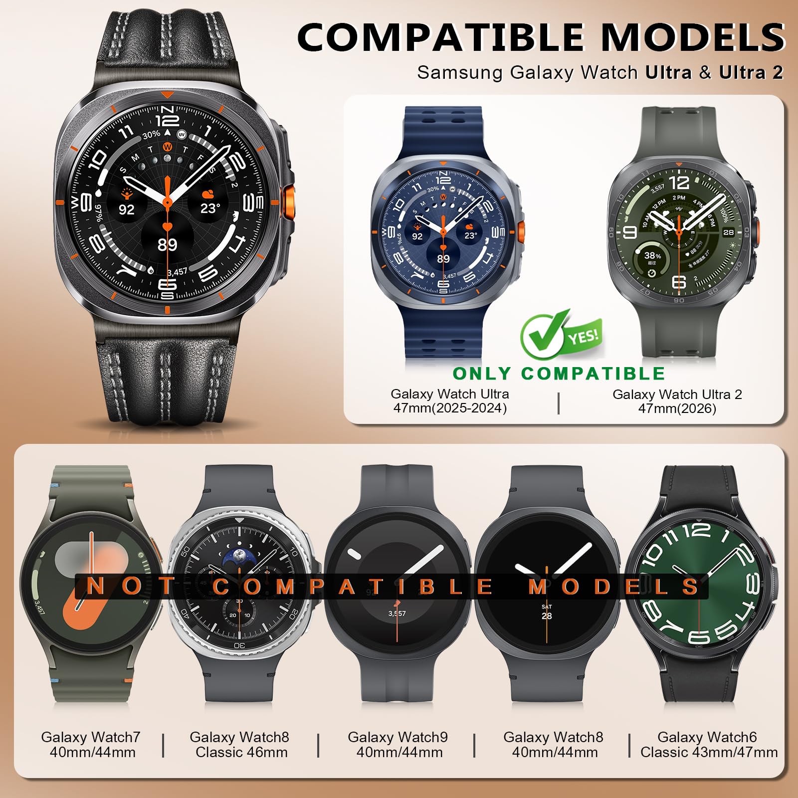 Skórzany pasek kompatybilny z Samsung Galaxy Watch Ultra 47 mm (2025/2024), prawdziwa skóra, wytrzymały, trwały, klasyczny, ręcznie robiony, na zewnątrz, biznes, podróż, prezent