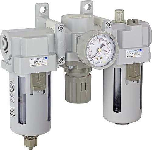 PneumaticPlus SAU400-N06G Filtro de aire comprimido Regulador Lubricador Combo 34" NPT - Cuenco de polietileno, drenaje manual, soporte, calibre