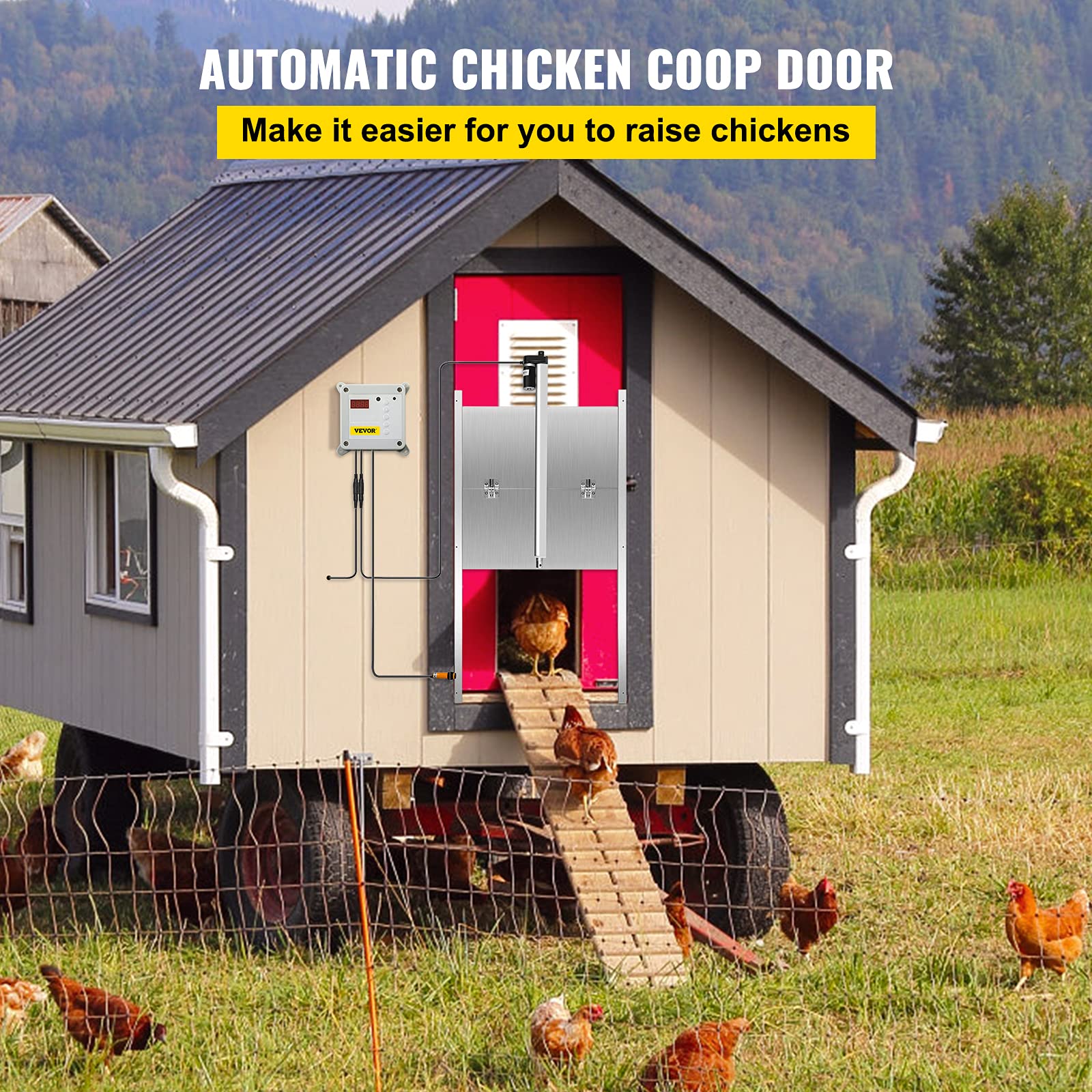VEVOR Automatyczny otwieracz do kurników 12 V, 30 x 30 cm do automatycznych drzwi kurnika, czujnik światła timera na podczerwień z 2 pilotami zdalnego sterowania, klatka dla kurcząt zastosowanie dla