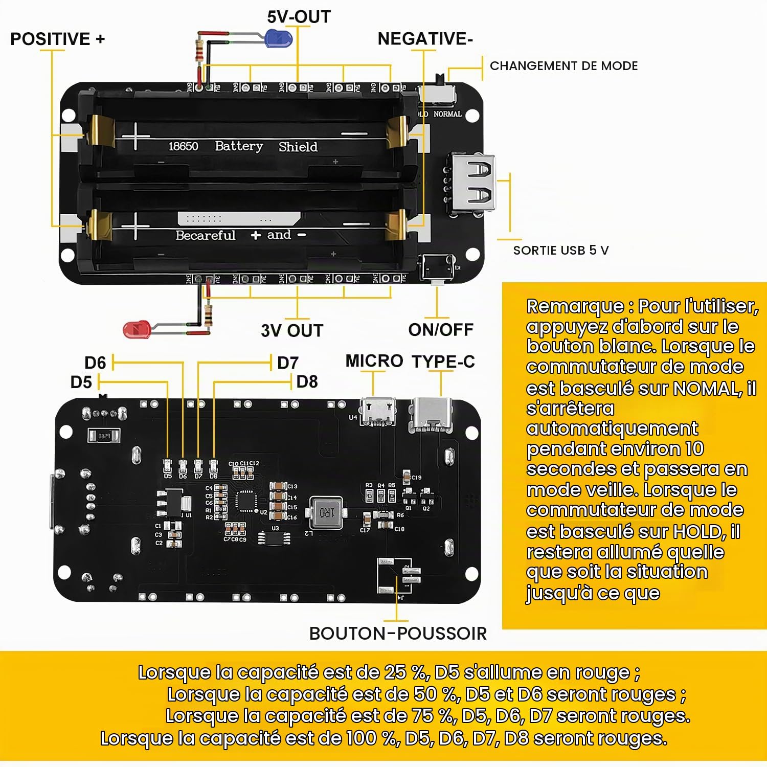 VooGenzek Bouclier de batterie 18650 ESP32 5 V/2 A 3 V/1 A, port micro USB et type C, carte de charge avec câble, compatible avec Arduino, Raspberry Pi, Wemos
