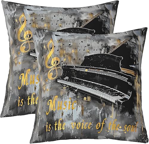 Piano Music Throw Pillow Covers (Pack of 2,Musical Notes Cushion Covers,Kids Girls Boys Teens Retro Graffiti Grey Gold Pillow Cases Music Lover
