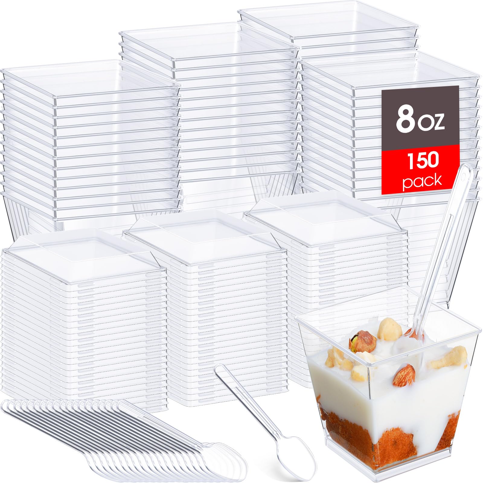 Hazyore 50pcs 8oz Square Parfait Cups With Lids & Sporks - Disposable Dessert Containers For Ice Cream, Mousse, Snacks