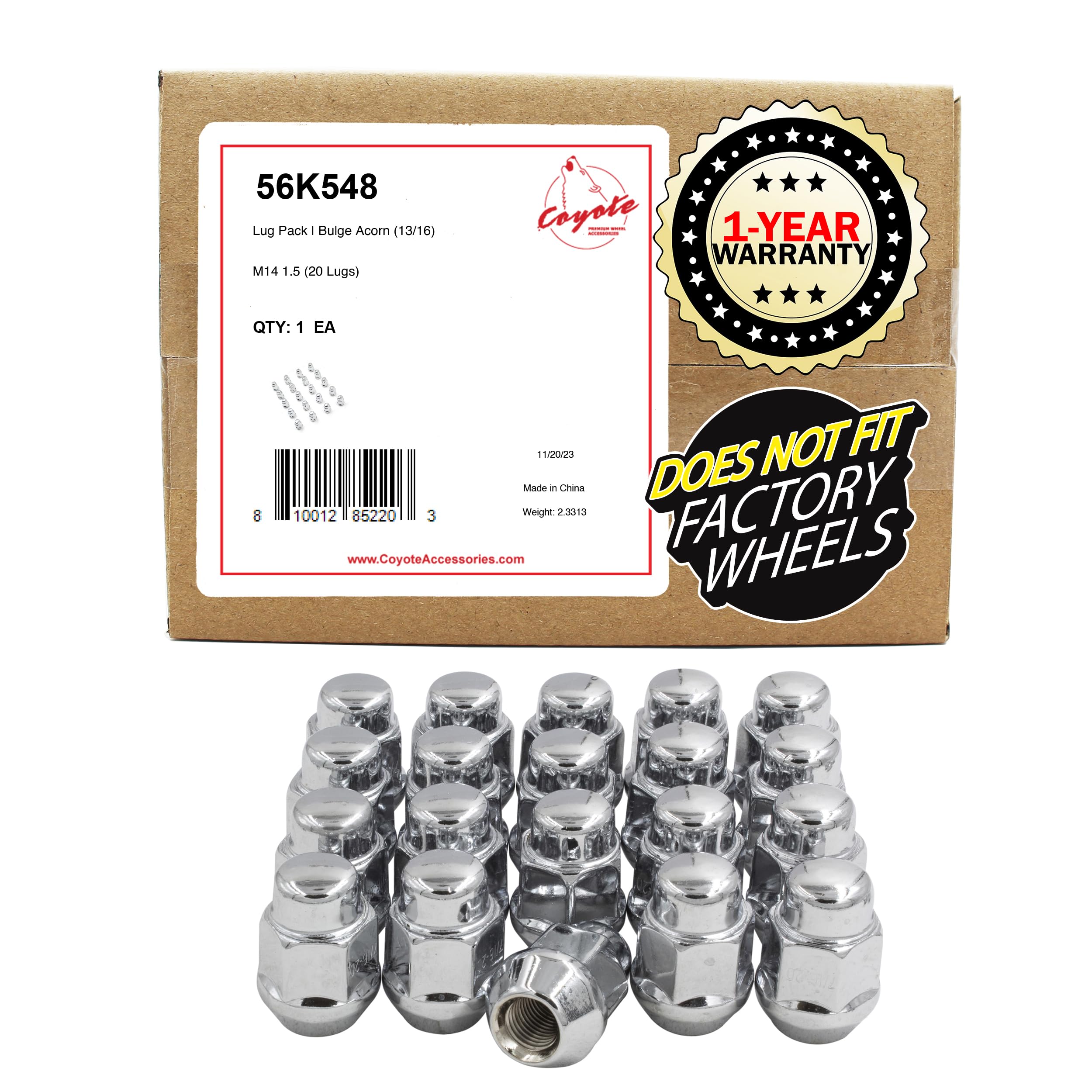Wheel Accessories Parts 20 Pcs M14x1.5 14x1.5 Thread Bulge Acorn 1.4" Long Lug Nuts Chrome 13/16" 21mm Hex Fits Chrysler 300 | Dodge Charger Challenger | Jeep Wrangler | Ford Mustang