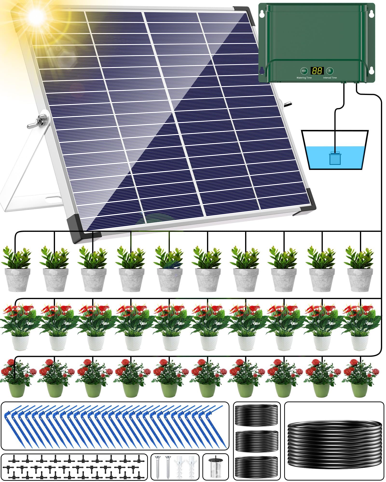 Poposoap Solar Drip Irrigation System, 10W Solar Automatic Watering System Timer Modes for 30 Pots, Solar Powered Drip Irrigation System for Balcony, Green House, Garden