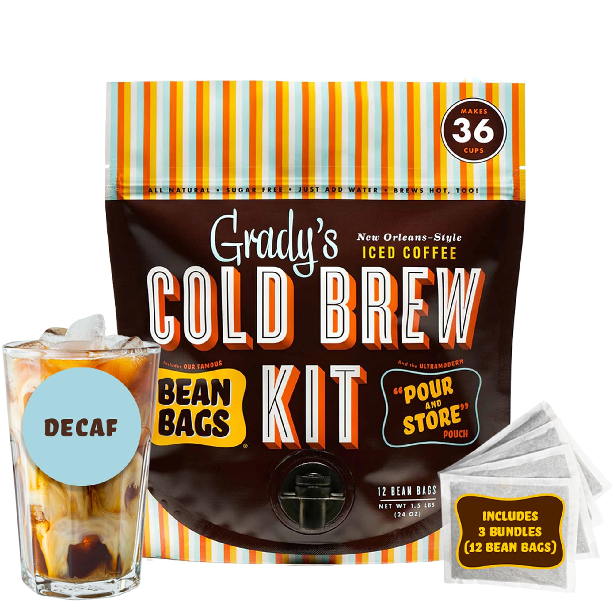 GRADY’S COLD BREW, New Orleans Style - DECAF, 100% Arabica Ground Coffee & Chicory Pouches, All-in-One Cold Brew Kit with 12 Easy-to-Brew Beans Bags, Makes 36 drinks