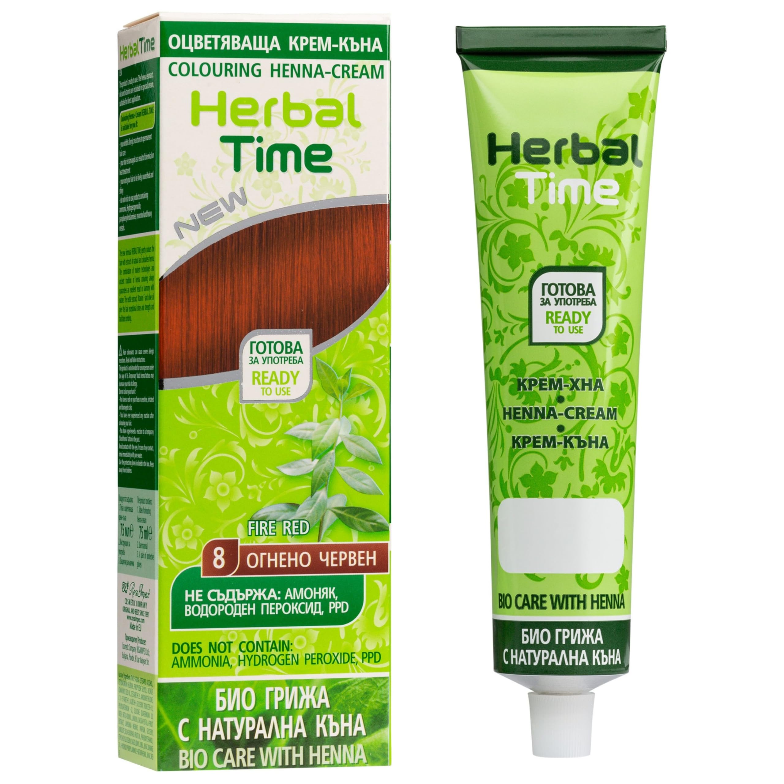 Herbal Time Natural Henna Hair Colour Cream | Henna Hair | Covers Gray | Temporary Dyeing Cream | Ammonium Free, Sulfate Free and Paraben Free | Red Henna | Burning Red Color 8 | 75 ml