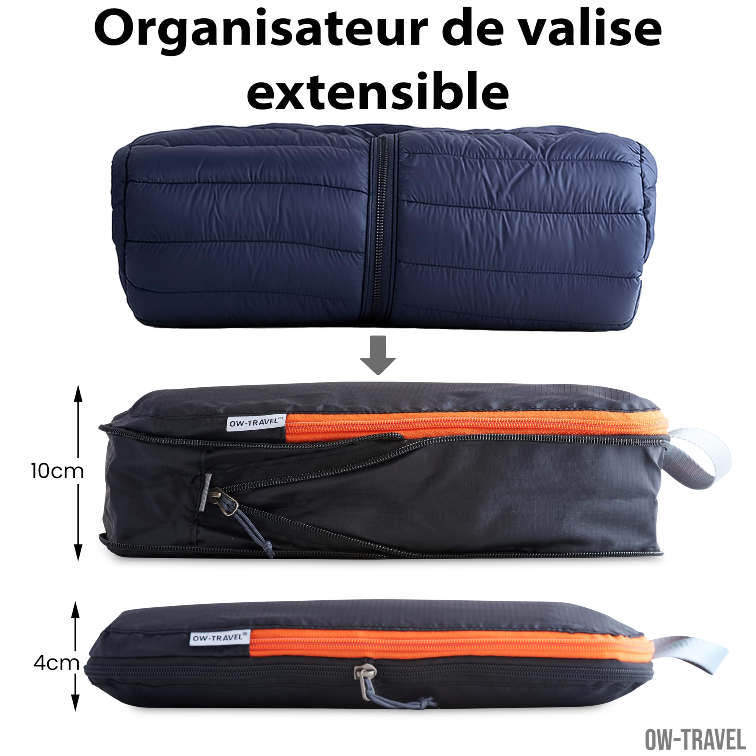 OW-Travel Organisateur de Valise Compressible (4 pièces, Moyen, Noir) Organisateur Valise, Sac de Compression Voyage. Organiseurs de Bagage, Pochette Rangement Voyage pour Sac à Dos. Packing Cubes