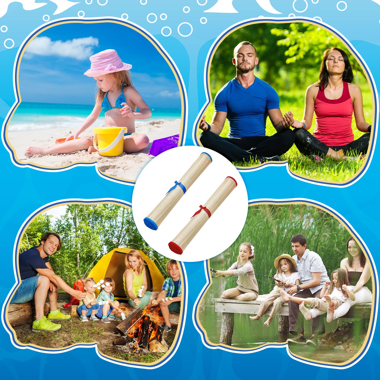 Qunclay Lot de 4 tapis de plage en paille imperméables, antidérapants, pliables et légers avec bordure pour camping, bain de soleil, pique-nique, yoga (bleu, rouge, 177,8 x 61 cm)