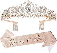 Vista 1 de YARIEW Sweet 16 Birthday Decorations for Girls, Sweet 16 Sash and Tiara, Birthday Crown and Sash, 16th Birthday Gifts Oro rosa