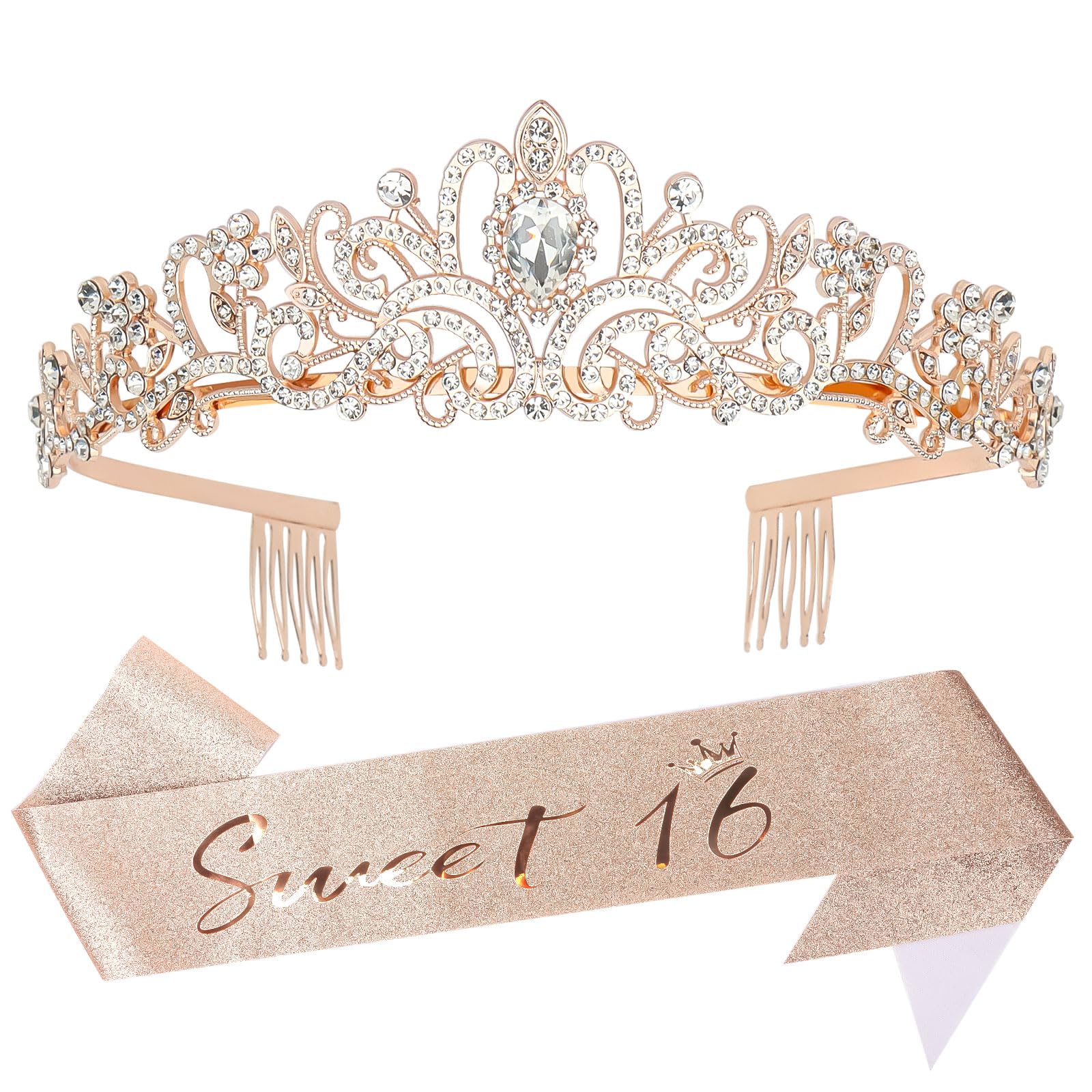 YARIEW Sweet 16 Birthday Decorations for Girls, Rose Gold Sweet 16 Sash and Tiara, Birthday Crown and Sash, 16th Birthday Gifts for Girls, Sweet Sixteen Gifts for Girls