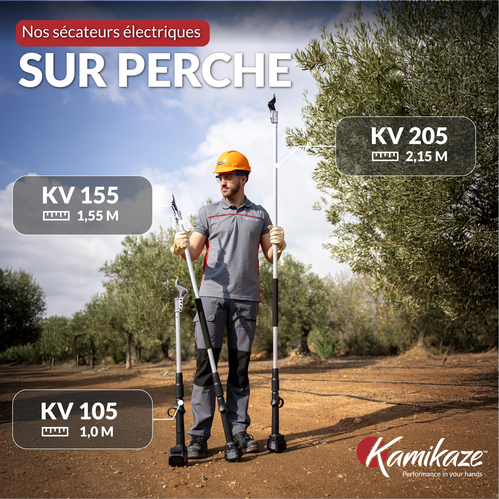 KAMIKAZE KV105. Perche d’élagage sans fil pour la taille en hauteur. Coupe Ø 38 mm. Longueur de la perche : 99 cm. Jusqu’à 8 heures d’autonomie. Comprend deux batteries lithium rechargeables.
