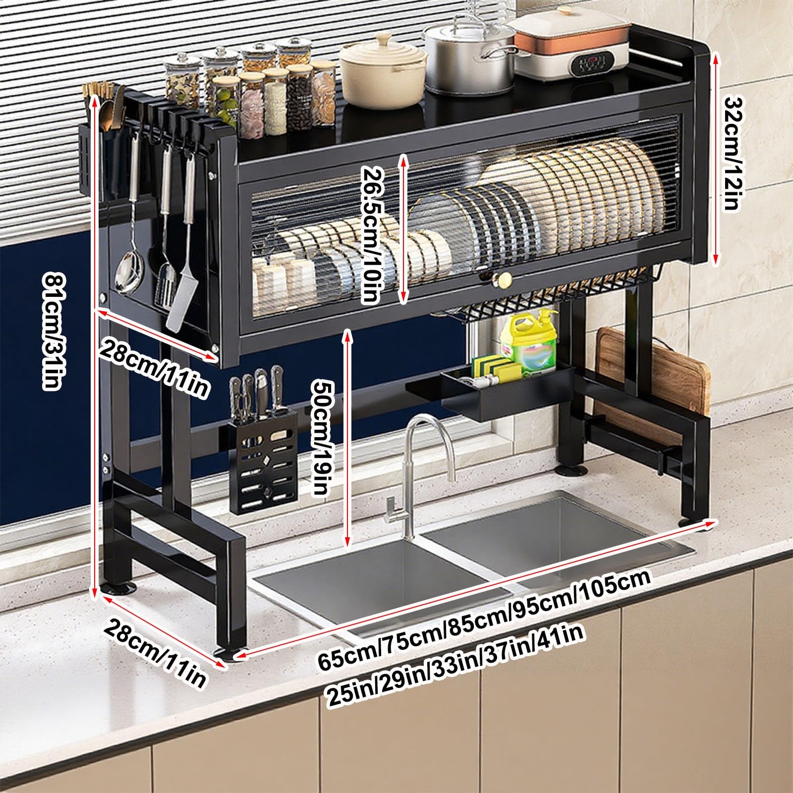 Abtropfgestell aus Metall für Küchenspüle, 3-stöckig, Organizer mit magnetischer Tür und Deckel, platzsparend, schwarz, 65 cm, langlebig und stilvoll