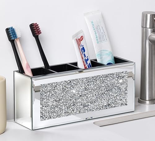 Miniatura 6 de Soporte para bolígrafo con espejo, 4 compartimentos, soporte para lápices de diamante triturado para escritorio, organizador de bolígrafos de