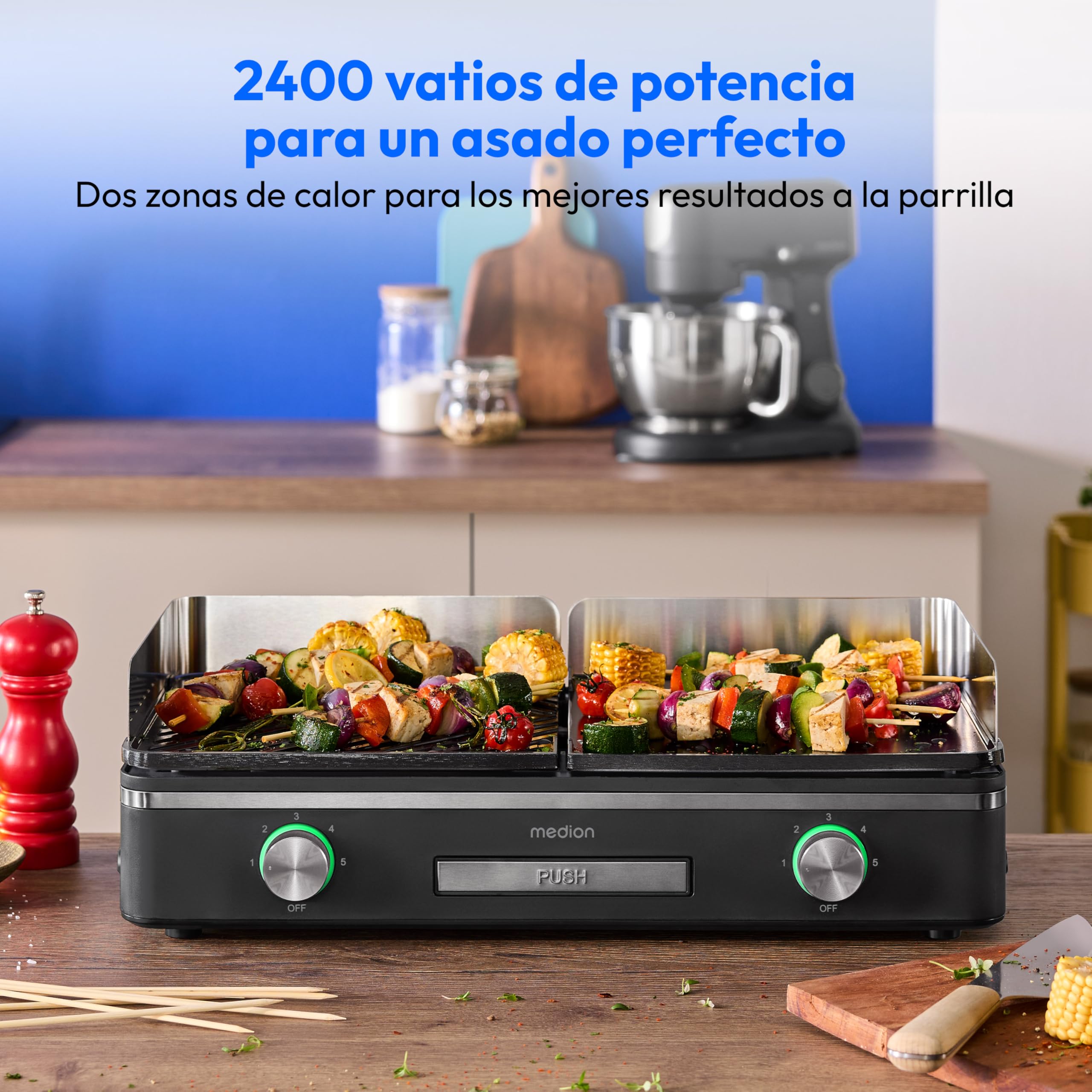 MEDION Parrilla de mesa con sistema de doble zona (2400 W, 2 placas desmontables, control de temperatura individual, indicador LED, protección IPX4), MD12027