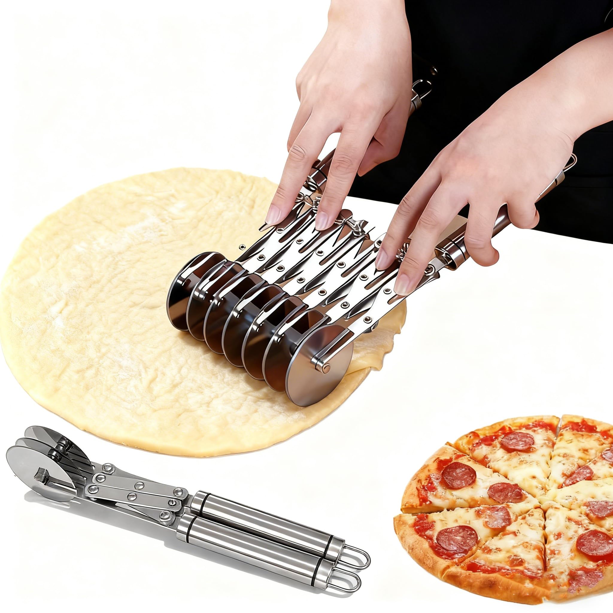 Photo 1 of JOLNNKHF Wheel Pastry Cutter, Adjustable Pasta Cutter with Handle, Stainless Steel Dough Slicer for Noodles, Pizza, Brownies, Pie Crust, Multi-Tool for Baking & Cooking (3 Roller)