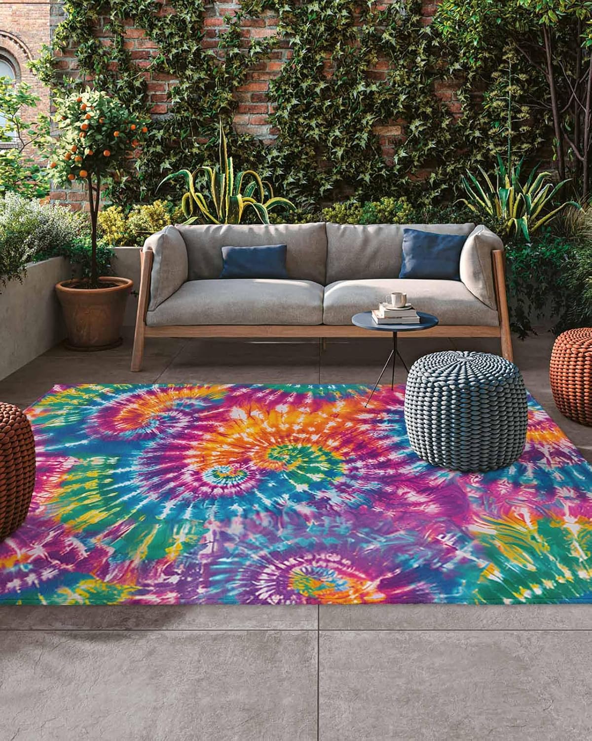 Outdoor Rug 4x6 ft Colorful Tie-Dye Art Outdoor Large Area Rug Non Slip Rubber Abstract Boho Dyeing Front Door Mat RV Rug Camping Carpet Patio Outdoor Rugs for Backyard Balcony Deck Porch Indoor