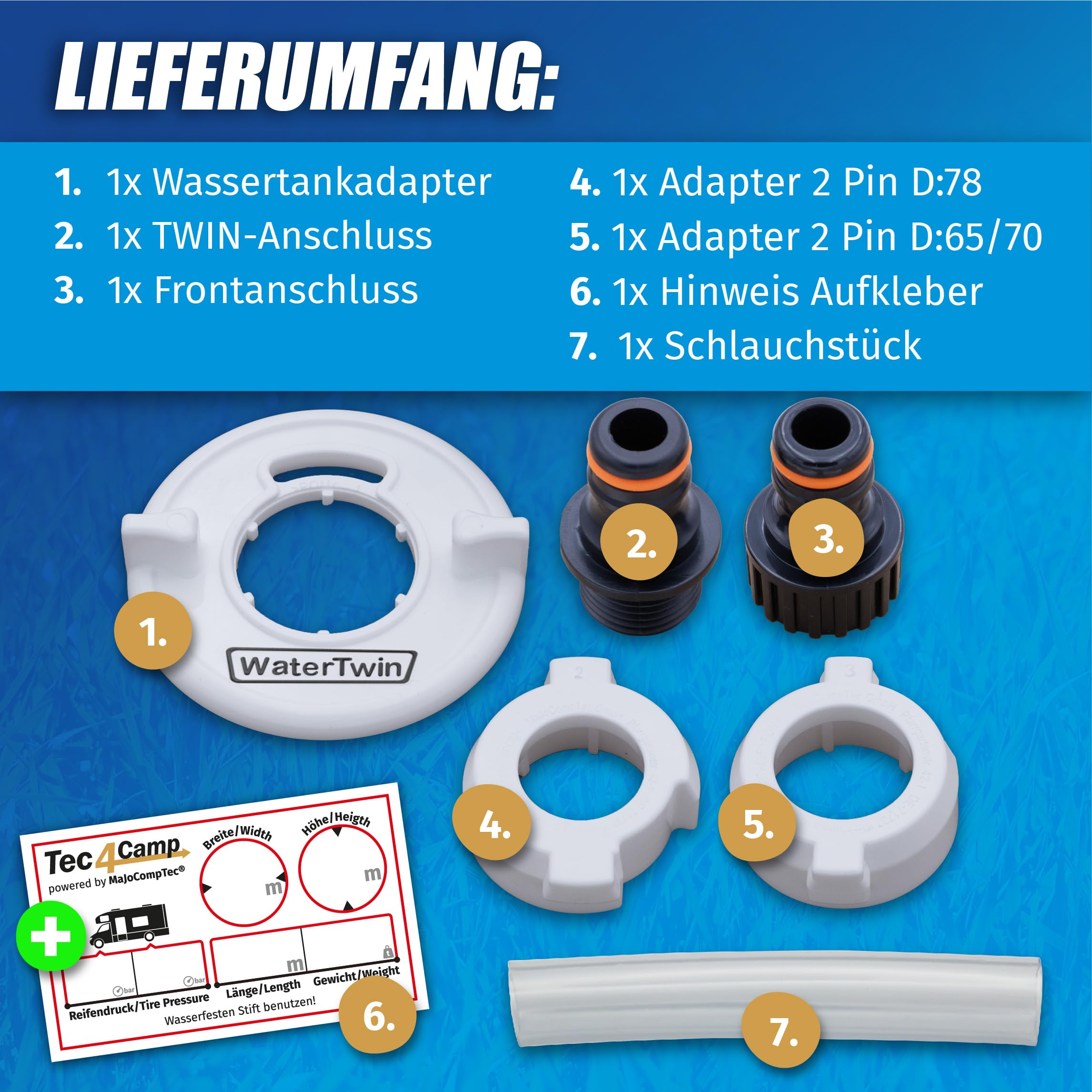 MaJoCompTec Adattatore per il serbatoio dell'acqua per camper e caravan, tappo per il serbatoio dell'acqua con doppio connettore Gardena (adattatore 2 pin, D: 65, ATTENZIONE: solo per FIAMMA)