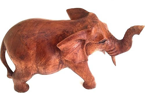 Vista 10 de OMA Estatua de elefante de madera maciza tallada a mano con tronco de la suerte, figura de elefante, decoración del hogar (grande)