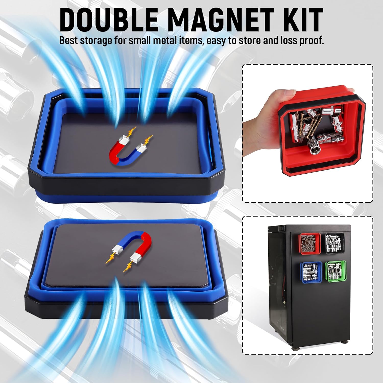 ALOANES Magnetic Parts Tray Set-Collapsible Magnetic Tool Tray Small Parts Organiser with Double Magnet,Magnetic Bowl for Fixing Nuts and Bolts (Blue)