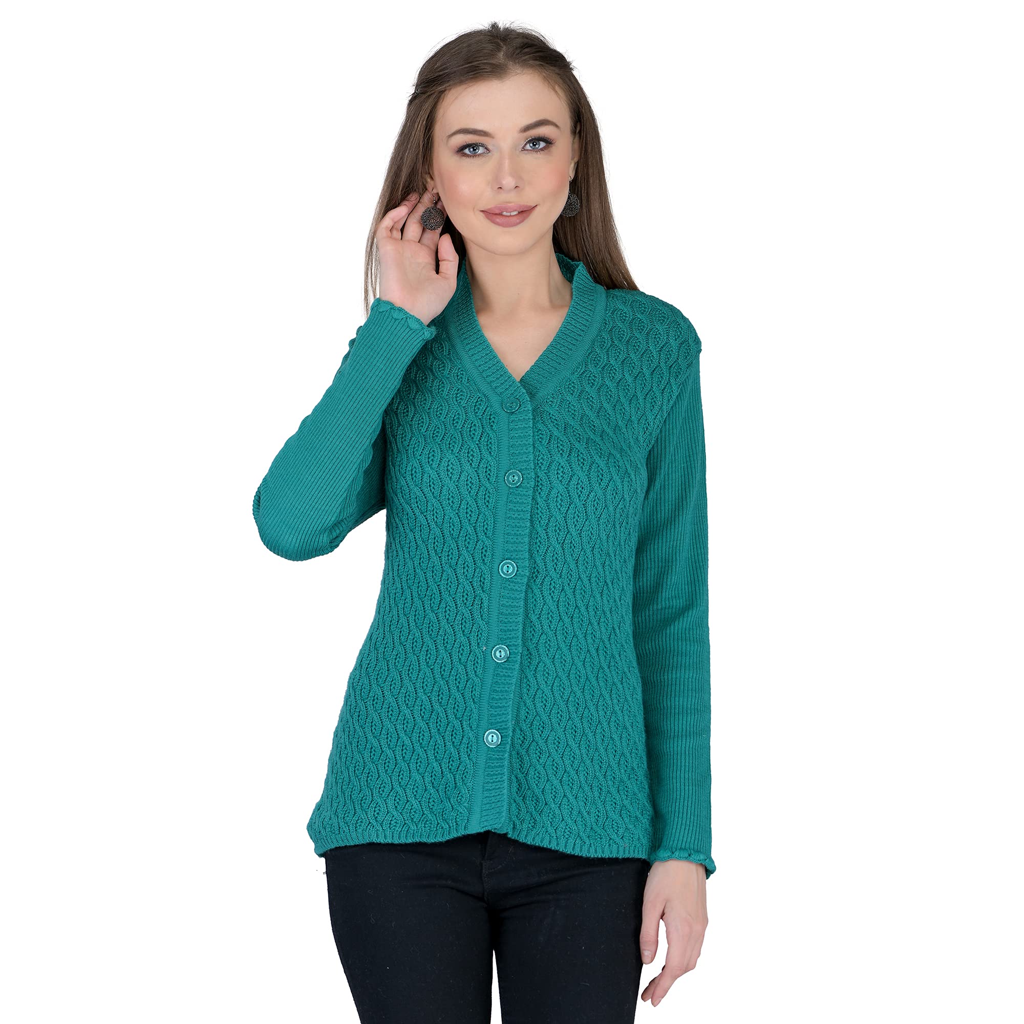 ladywillington Lady Willington Women's Woolen V-Neck Self Design Cardigan - Heavy Daffodil Fabric Winter Wear Pure Wool Cardigan for Women - Free Size Long Cotton Fully Warm (L, GRASSYGREEN)-picture-25