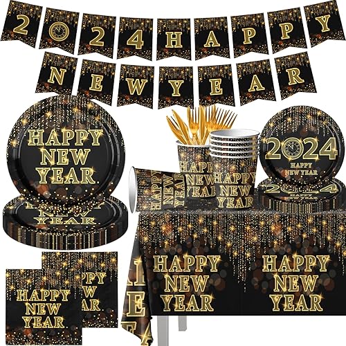 Vajilla para decoración de fiesta de Año Nuevo, 142 piezas de platos desechables dorados y negros de Feliz Año Nuevo 2024, platos, tazas,