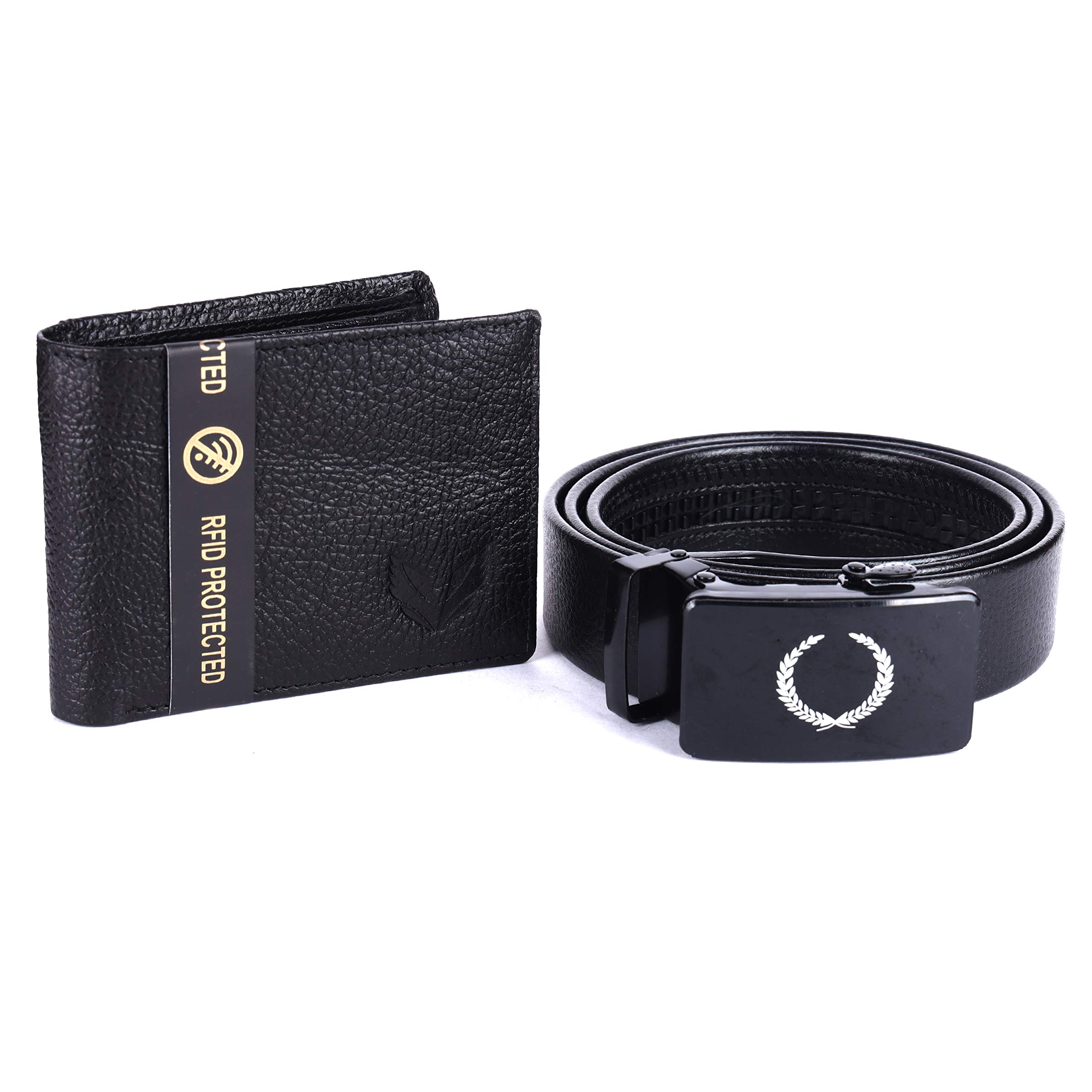 VOGARD Black Leather Men's Wallet & Belt Combo Set (COMBOVOAHALT9-VOWAL28-Black)