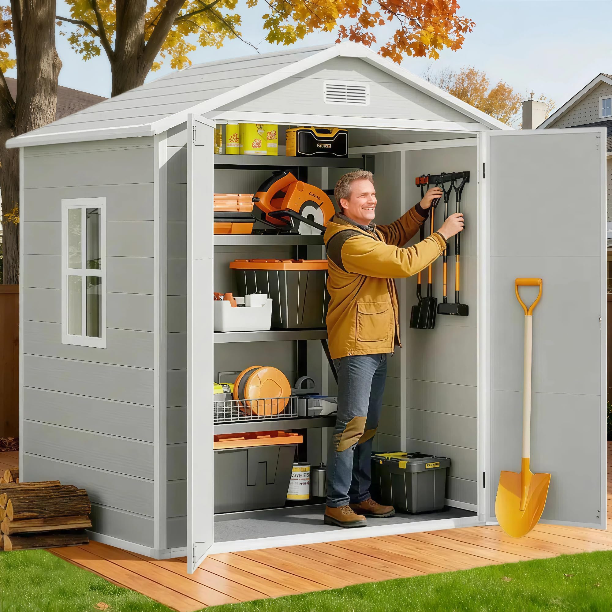 Gizoon 6x4.4 FT Outdoor Resin Storage Shed with Floor & Lockable Door - All-Weather Plastic Tool Shed, Double-Wall Design Perfect to Store Patio Furniture, Garden Equipment, Seasonal Items (Grey)