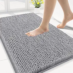 Smiry Luxury Chenille Bathroom Rugs 30x20, Extra Soft and Absorbent Shaggy Bath Mat, Machine Washable, Non-Slip Plush Carpet Runner for Tub, Shower, and Floor, Home Decor Accessories, Grey