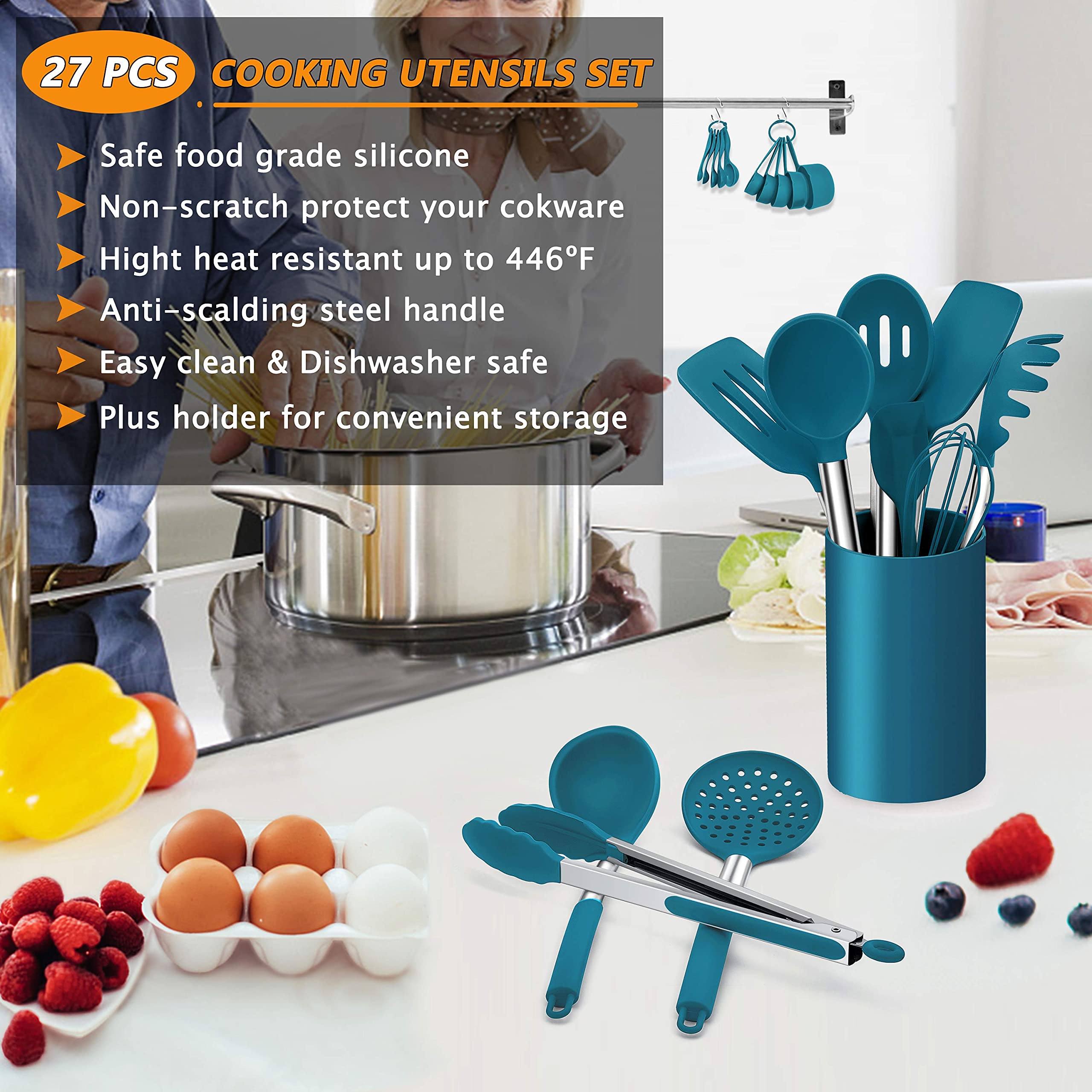 LIANYU 27-teiliges Küchenutensilien-Set mit Halter, Silikon-Kochutensilien-Set mit Edelstahlgriff, Küchenhelfer für Antihaft-Kochgeschirr-Set, hitzebeständig, blau