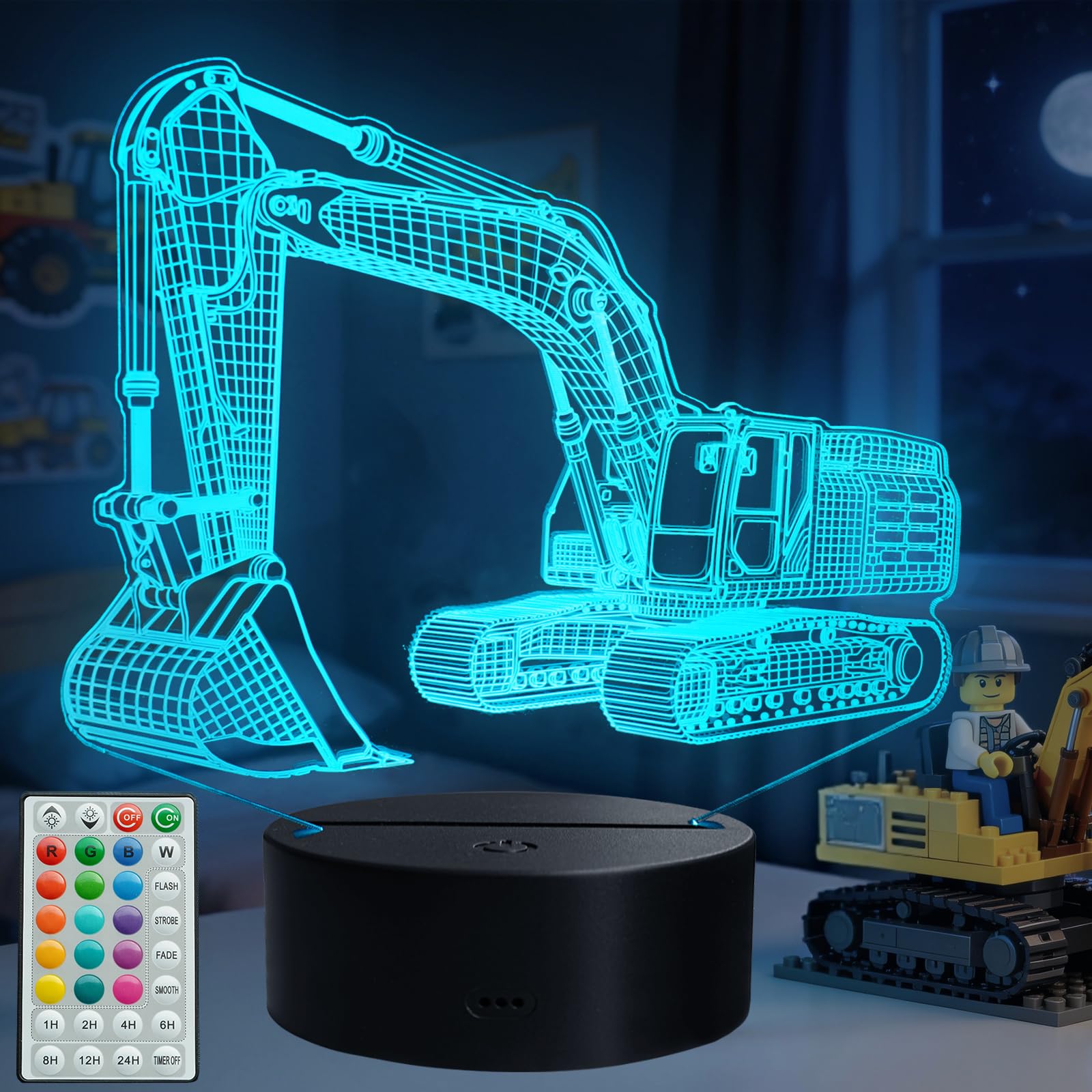 POSSHE Excavator 3D Illusion Lamp for Kids, Excavator Night Light, Construction Vehicle Gifts with RGB 16 Colors Changing, Remote Control, Dimmable, Kids Room Decoration, Xmas Gifts