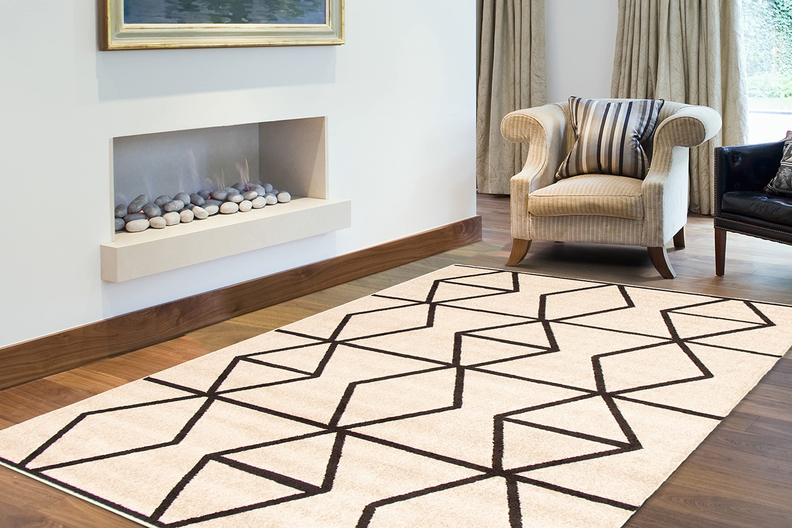 ECARPETGALLERY Geometric Area Rug for Living Room, Bedroom, Indoor Ivory Dark Brown Carpet, 5'3" x 7'3", 315582