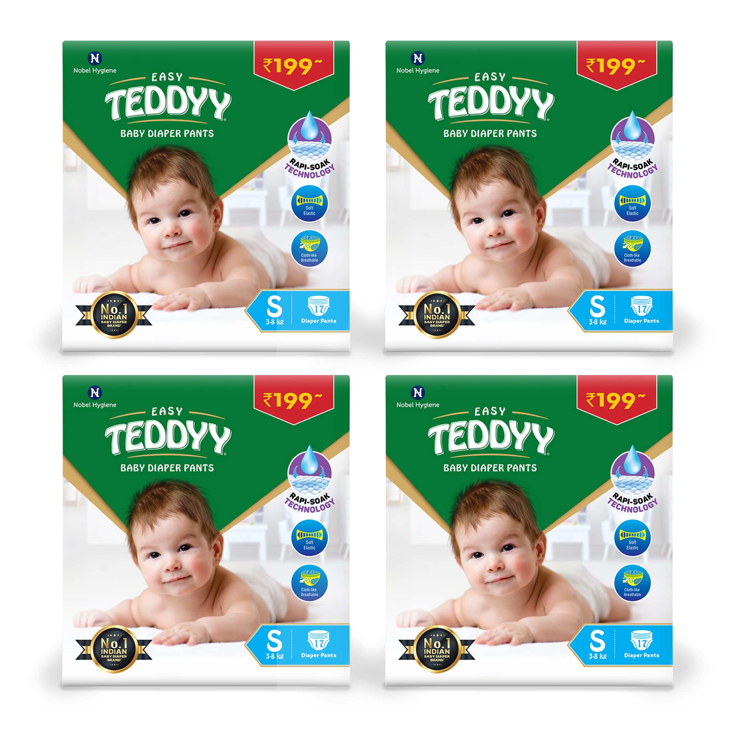 TEDDYY Baby Diapers Pants Easy Small 68 Count (Pack of 4), 4-8 kgs, 12 hrs Leak Protection, Anti - Bacterial